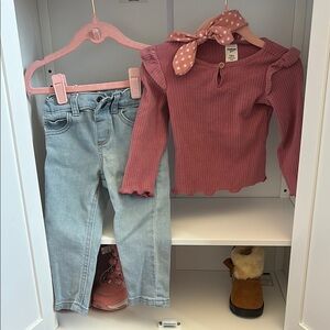 Pink Ribbed Top and Light Blue Jeans Set